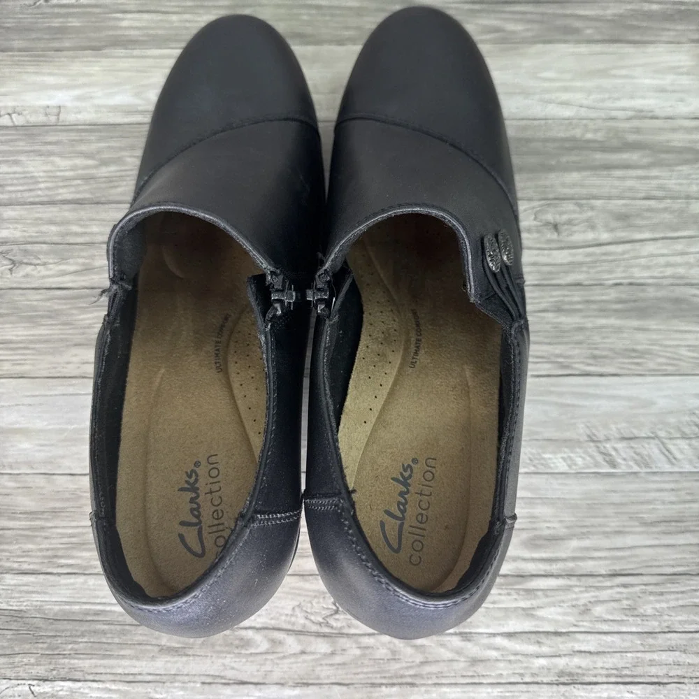 Clarks Emslie Warren Women Size 10 Black Leather Booties Ankle Shoes Heel